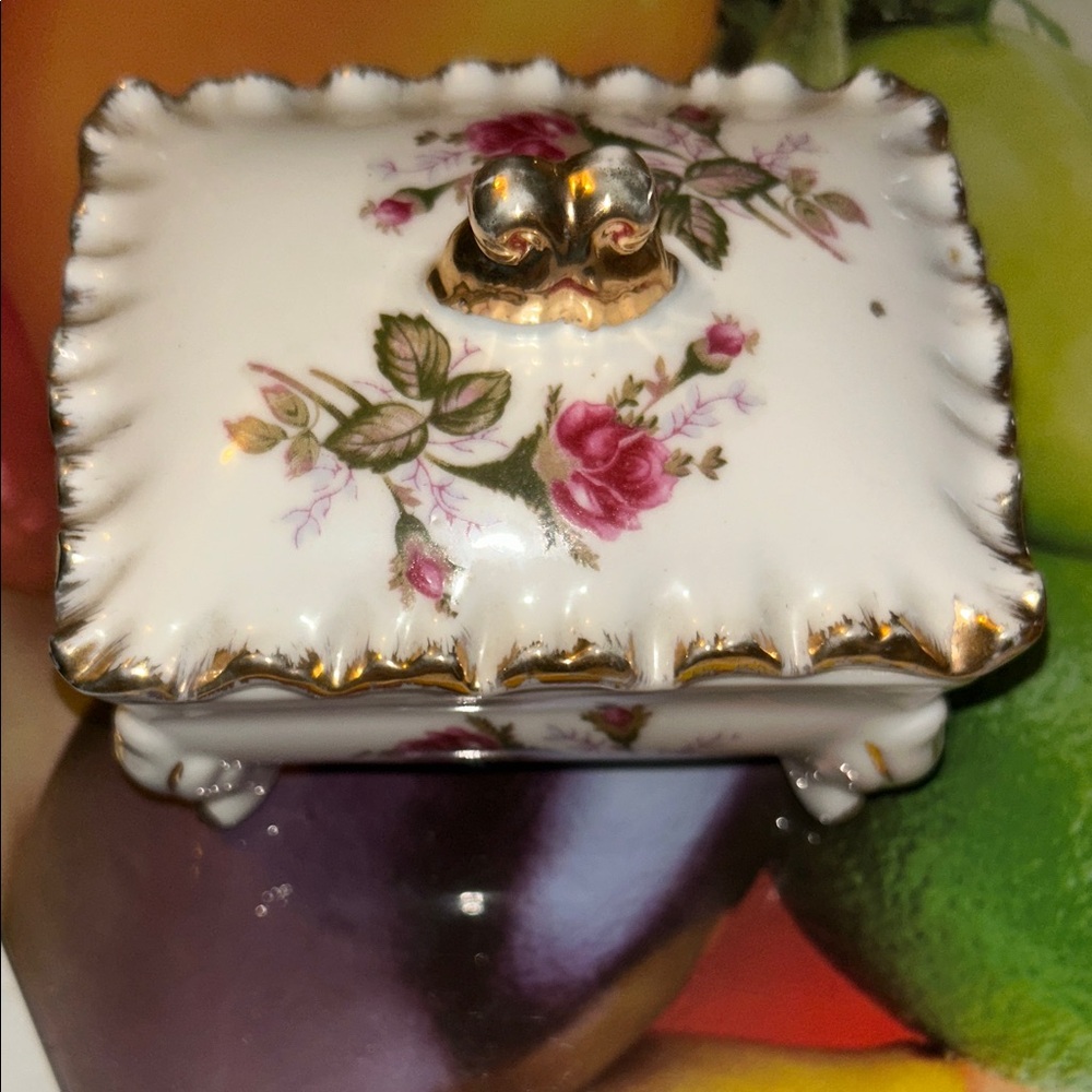 Floral Ceramic Trinket Box with Gold Accents